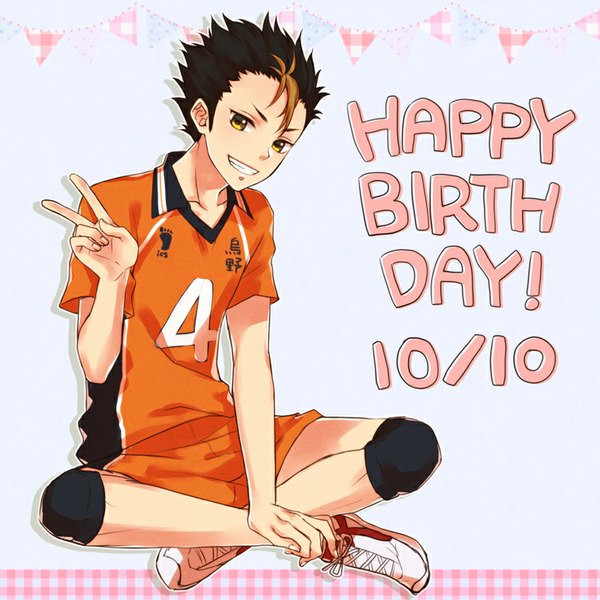 Anime picture 800x800 with haikyuu!! production i.g nishinoya yuu rio (rio 01) single looking at viewer short hair black hair smile sitting yellow eyes multicolored hair two-tone hair streaked hair victory happy birthday indian style volleyball boy uniform