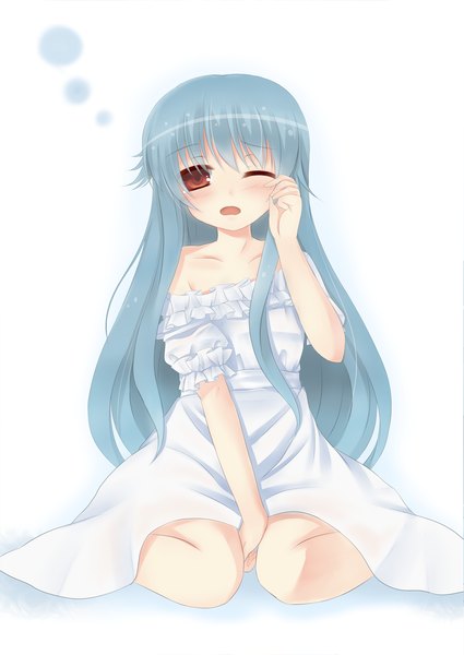 Anime picture 1254x1771 with touhou kamishirasawa keine kaguyuu single long hair tall image blush open mouth red eyes sitting blue hair one eye closed wink loli girl