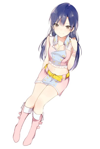 Anime picture 700x1036 with idolmaster kisaragi chihaya lpip single long hair tall image looking at viewer fringe simple background white background brown eyes purple hair full body adjusting hair pink diamond 765 girl skirt miniskirt shoes belt