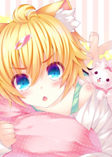 Anime picture 858x1200 with original ojitcha single tall image looking at viewer blush fringe short hair open mouth blue eyes blonde hair simple background hair between eyes bare shoulders animal ears ahoge lying head tilt barefoot cat ears