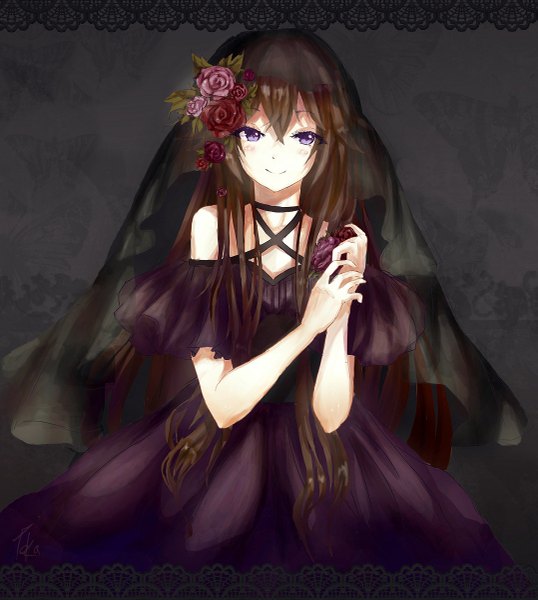 Anime picture 1077x1200 with pandora hearts xebec lacie baskerville teka single long hair tall image blush smile brown hair purple eyes bare shoulders looking away hair flower black background girl dress hair ornament flower (flowers) veil