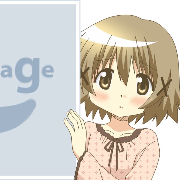 Anime picture 850x850 with hidamari sketch shaft (studio) pixiv yuno mugen ouka single looking at viewer blush fringe short hair simple background hair between eyes brown hair standing white background brown eyes upper body :o no image girl