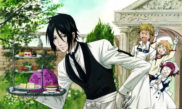 Anime picture 1280x767 with kuroshitsuji a-1 pictures sebastian michaelis maylene finnian bardroy looking at viewer short hair open mouth black hair blonde hair smile red eyes wide image maid victory nature butler girl boy