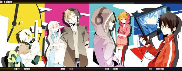 Anime picture 1280x500 with kagerou project shaft (studio) mary (kagerou project) ene (kagerou project) kisaragi shintarou kido tsubomi kisaragi momo kano shuuya konoha (kagerou project) amamiya hibiya shidu long hair looking at viewer short hair black hair blonde hair smile red eyes wide image sitting