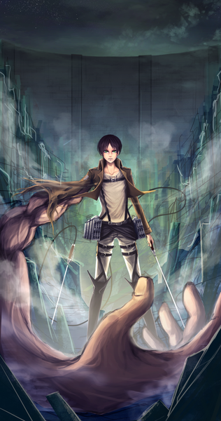 Anime picture 1024x1942 with shingeki no kyojin production i.g eren yaeger reiberrycream single tall image looking at viewer short hair black hair brown hair standing green eyes night open clothes open jacket night sky smoke ruins giant boy