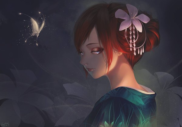 Anime picture 2048x1436 with original bantish single looking at viewer fringe highres signed payot upper body red hair traditional clothes japanese clothes profile hair flower grey eyes floral print dated floral background girl flower (flowers)