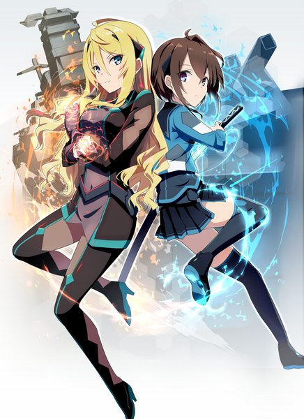 Anime picture 652x896 with kaijin no mahoushi to madou senkan gotyou long hair tall image looking at viewer fringe short hair blonde hair smile hair between eyes brown hair purple eyes multiple girls holding payot bent knee (knees) parted lips pleated skirt aqua eyes official art