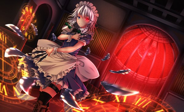 Anime picture 1901x1158 with touhou izayoi sakuya ddfftasogare highres short hair blue eyes wide image silver hair braid (braids) maid heterochromia twin braids red moon girl thighhighs dress black thighhighs boots headdress maid headdress