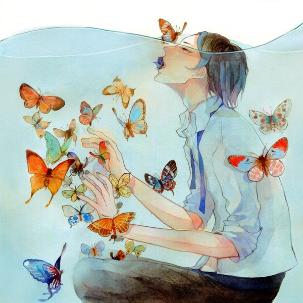 Anime picture 1772x1772 with original mei (artist) single highres short hair blue eyes brown hair sitting holding nail polish mouth hold looking up underwater twisty sleeves traditional media watercolor (medium) boy ribbon (ribbons) shirt water