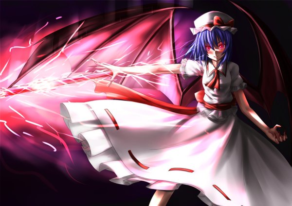 Anime picture 1474x1042 with touhou remilia scarlet tagme (artist) single looking at viewer blush short hair smile red eyes blue hair magic girl dress bow weapon wings bonnet spear spear the gungnir