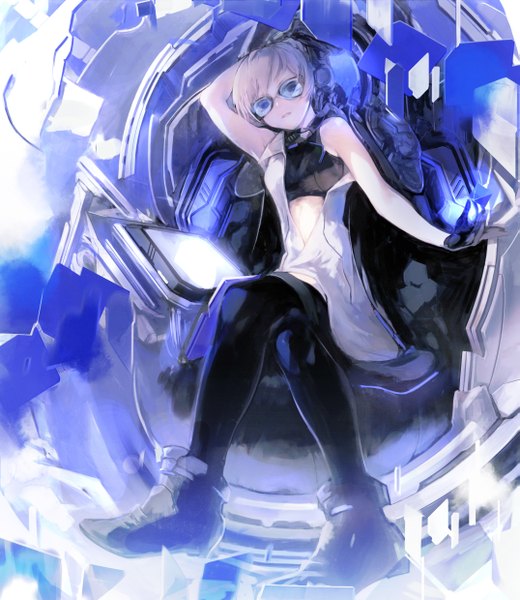 Anime picture 2150x2480 with original li-e (pixiv) single tall image highres short hair blue eyes blonde hair sitting bare shoulders full body crossed legs mechanical girl gloves goggles
