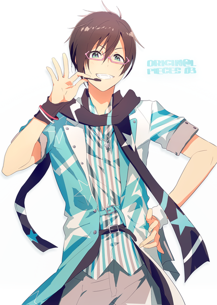 Anime picture 640x896 with idolmaster idolmaster side-m iseya shiki map (map imas) single tall image looking at viewer fringe short hair black hair simple background smile hair between eyes white background aqua eyes alternate costume hand on hip star print boy glasses