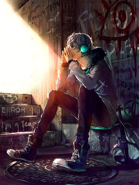 Anime picture 1000x1333 with fisheye placebo frey (fisheye placebo) yuumei single tall image short hair blue eyes blonde hair sitting looking away sunlight open clothes open jacket graffiti boy jacket headphones stairs wall violin