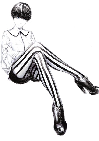 Anime picture 1280x1810 with original sousou (sousouworks) single tall image short hair blue eyes black hair simple background white background sitting full body high heels crossed legs monochrome crossed arms striped lacing casual platform heels girl