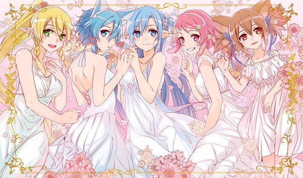 Anime picture 1356x800 with sword art online a-1 pictures yuuki asuna asada shino leafa silica lisbeth asuna (sao-alo) jianmo sl long hair fringe short hair blue eyes blonde hair hair between eyes red eyes brown hair wide image twintails bare shoulders