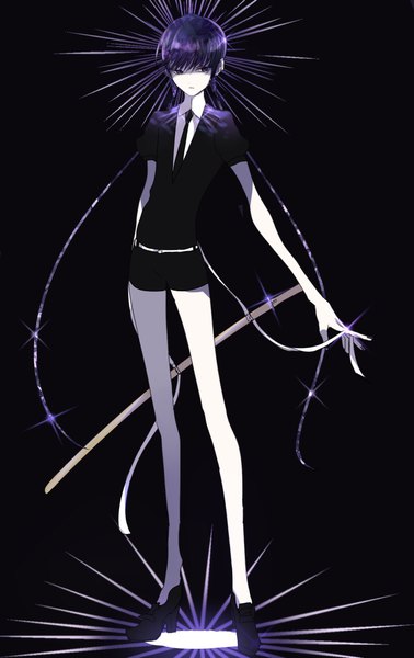 Anime picture 1200x1900 with houseki no kuni neptunite (houseki no kuni) kayanogura single tall image fringe simple background standing purple eyes twintails looking away purple hair full body blunt bangs very long hair sparkle low twintails outstretched arm black background androgynous