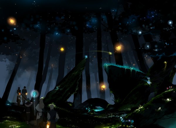 Anime picture 1369x1000 with original pixiv fantasia pixiv pixiv fantasia sword regalia hiyokomame dx long hair blonde hair standing sky from behind night back glowing dark background plant (plants) sword tree (trees) star (stars) forest fireflies