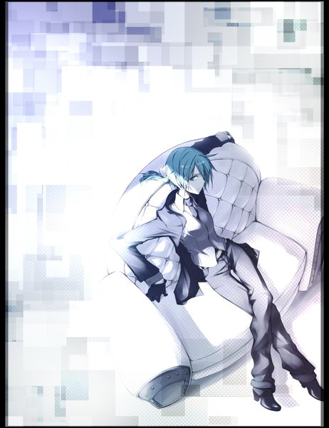 Anime picture 1240x1610 with vocaloid hatsune miku irena (artist) single tall image fringe sitting aqua eyes hair over one eye aqua hair crossed legs border girl gloves necktie boots suit armchair chemise