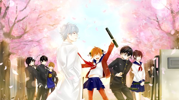 Anime picture 1920x1080 with gintama sunrise (studio) sakata gintoki kagura (gintama) hijikata toshiro okita sougo shimura shinpachi kondo isao yamazaki sagaru shimura tae (otae) momota (artist) looking at viewer blush highres short hair open mouth black hair smile red eyes brown hair