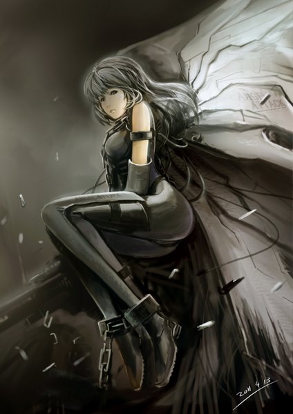 Anime picture 1240x1754 with original ninja  burger (artist) single long hair tall image simple background brown eyes grey hair valkyrie girl wings chain bodysuit pilot suit shackles