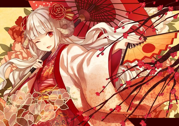 Anime picture 800x565 with original yuzuki karu single long hair looking at viewer fringe open mouth red eyes silver hair traditional clothes japanese clothes one eye closed hair flower horn (horns) wink outstretched arm plum blossoms girl hair ornament flower (flowers)