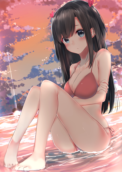 Anime picture 836x1180 with original neku (neku draw) single long hair tall image looking at viewer blush fringe breasts blue eyes light erotic black hair large breasts sitting cleavage cloud (clouds) full body ass outdoors barefoot