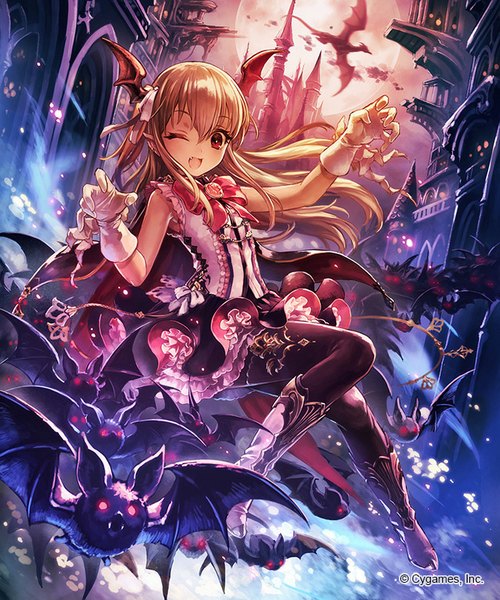 Anime picture 667x800 with shingeki no bahamut ma yo ko long hair tall image blush fringe open mouth blonde hair red eyes bent knee (knees) one eye closed pointy ears wink sleeveless happy fantasy weightlessness girl skirt ribbon (ribbons)