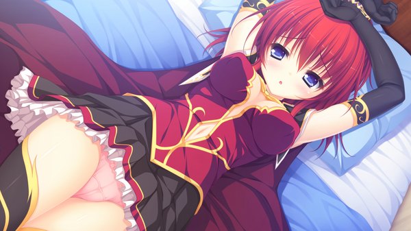 Anime picture 1280x720 with magicalic sky high mikagami mamizu blush short hair blue eyes light erotic wide image game cg girl thighhighs dress gloves underwear panties black thighhighs elbow gloves