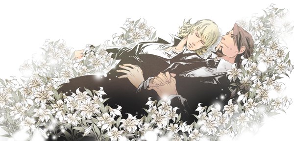 Anime picture 2000x960 with tiger & bunny sunrise (studio) kaburagi t. kotetsu barnaby brooks jr. highres short hair blonde hair brown hair wide image white background brown eyes lying eyes closed open collar flower (flowers) plant (plants) necktie beard