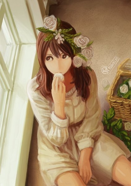 Anime picture 1240x1754 with original robce lee bou sei single long hair tall image brown hair sitting brown eyes hair flower girl dress hair ornament flower (flowers) window
