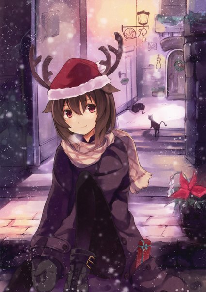 Anime picture 2127x3000 with original kyuri single long hair tall image looking at viewer highres black hair sitting brown eyes animal ears outdoors lying horn (horns) light smile cat ears night fur trim snowing winter