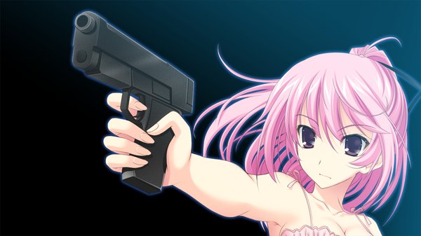 Anime picture 1280x720 with strawberry feels tagme (character) long hair wide image purple eyes pink hair game cg dark background girl weapon gun pistol