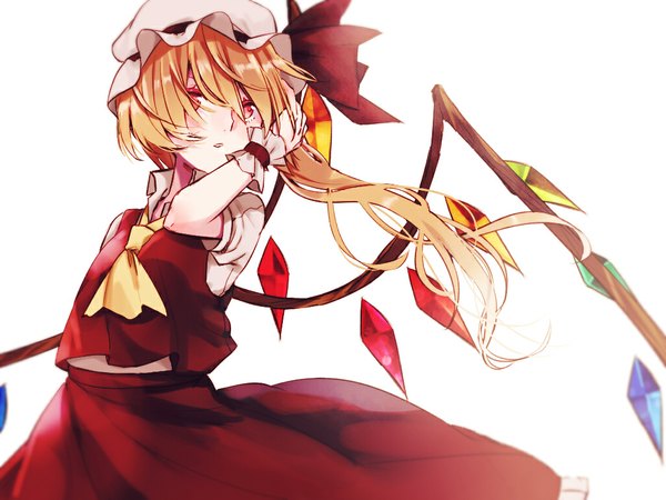 Anime picture 1024x768 with touhou flandre scarlet ashisaki single long hair blush short hair simple background blonde hair red eyes white background wind one side up hand on head girl skirt wings bonnet skirt set crystal