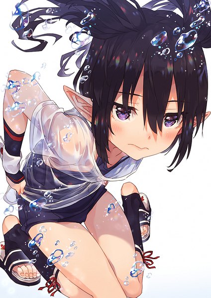 Anime picture 849x1200 with original mano (narumi arata) narumi arata single tall image blush fringe short hair light erotic black hair simple background hair between eyes white background twintails purple eyes payot bent knee (knees) from above pointy ears short sleeves