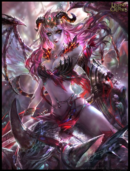 Anime picture 1620x2133 with legend of the cryptids yu-han single long hair tall image looking at viewer breasts light erotic pink hair horn (horns) orange eyes demon girl demon wings girl navel earrings wings