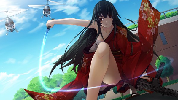 Anime picture 1280x720 with natsuiro asagao residence long hair black hair red eyes wide image game cg japanese clothes girl weapon sword kimono katana assault rifle