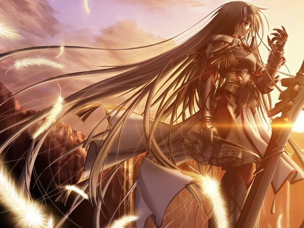Anime picture 1024x768 with tagme (artist) single long hair black hair red eyes sky cloud (clouds) grey hair sunlight rock waterfall girl weapon sword water armor feather (feathers) cloak knife