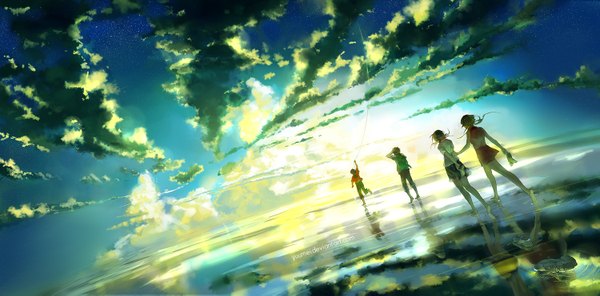 Anime picture 1500x741 with knite yuumei long hair short hair brown hair wide image multiple girls holding sky cloud (clouds) barefoot from behind inscription multiple boys reflection girl dress boy skirt 2 girls