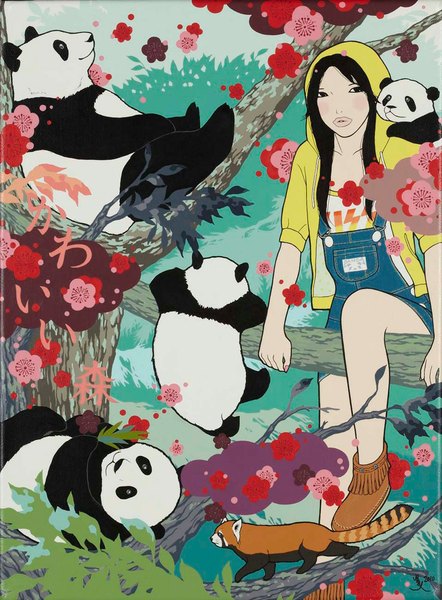Anime picture 738x1000 with original yumiko kayukawa long hair tall image black hair sitting open clothes open jacket girl flower (flowers) plant (plants) animal tree (trees) jacket hood branch overalls panda