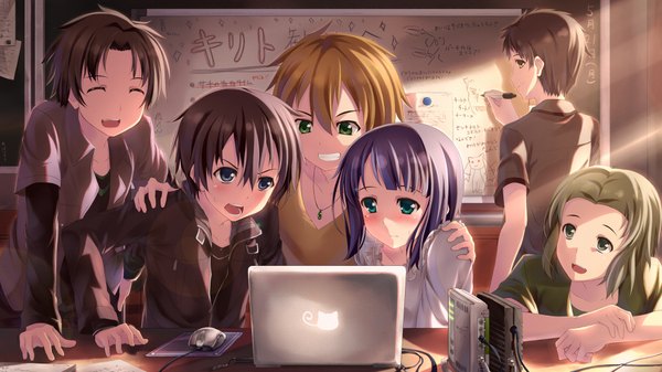 Anime picture 1920x1080 with sword art online a-1 pictures kirigaya kazuto sachi (sao) eugeo (sao) keita (sao) tetsuo (sao) yuuri nayuta blush highres short hair open mouth black hair brown hair wide image multiple girls brown eyes green eyes purple hair black eyes