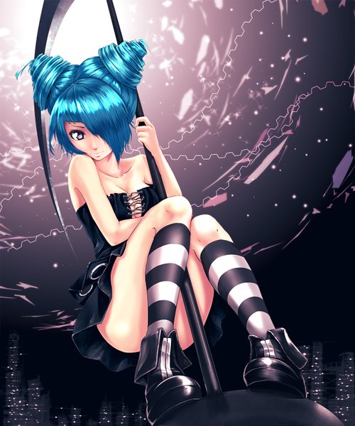 Anime picture 1200x1438 with original infinote single tall image fringe short hair breasts light erotic bare shoulders holding brown eyes hair over one eye aqua hair night girl skirt weapon socks boots scythe