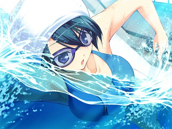 Anime picture 1024x768 with hoshiuta kinoshita midori fumio (ura fmo) black hair purple eyes game cg girl swimsuit