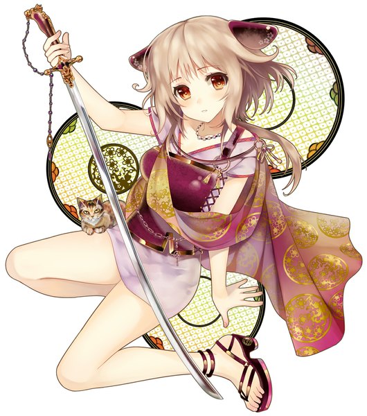 Anime picture 1000x1130 with original yuuki rika single long hair tall image simple background red eyes brown hair white background animal ears girl weapon sword cat sandals