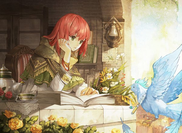 Anime picture 1300x953 with akagami no shirayukihime studio bones shirayuki (akagami no shirayukihime) baiguiyu fringe short hair sitting green eyes payot looking away red hair wide sleeves flying brick wall girl dress flower (flowers) plant (plants) animal frills