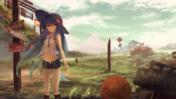 Anime picture 2560x1440 with touhou hinanawi tenshi ibuki notsu single long hair fringe highres red eyes wide image standing bare shoulders blue hair sky cloud (clouds) multicolored hair green hair gradient hair mountain open shorts girl