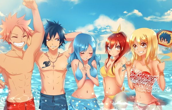 Anime picture 1900x1217 with fairy tail lucy heartfilia erza scarlet natsu dragneel gray fullbuster juvia lockser jellal fernandes kristallin-f (artist) long hair looking at viewer blush highres short hair light erotic blonde hair smile bare shoulders blue hair looking away pink hair
