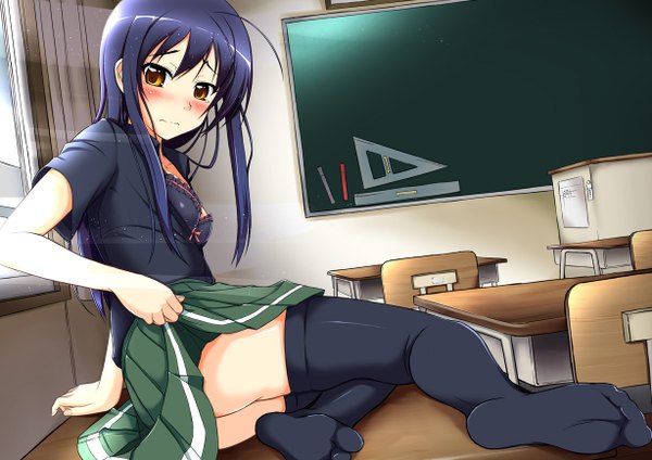 Anime picture 1228x868 with accel world sunrise (studio) kuroyukihime cla (torinabe) single long hair blush light erotic black hair brown eyes ass no shoes girl thighhighs skirt uniform black thighhighs school uniform miniskirt desk