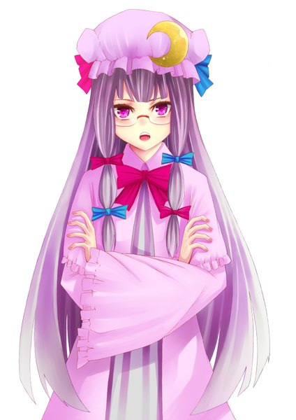Anime picture 2477x3507 with touhou patchouli knowledge mikoma sanagi single long hair tall image highres open mouth simple background white background purple eyes purple hair girl dress bow hair bow glasses bonnet