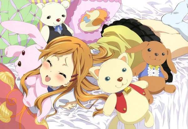 Anime picture 5931x4089 with kokoro connect nyantype silver link kiriyama yui single long hair blush highres open mouth blonde hair absurdres lying eyes closed official art girl socks white socks toy stuffed animal