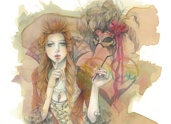 Anime picture 1100x800 with original memento1113 single long hair brown hair green eyes finger to mouth girl dress earrings jewelry feather (feathers) mask necklace